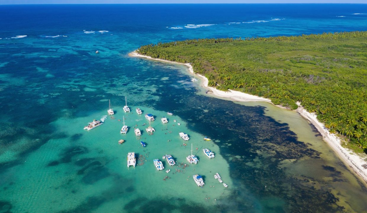 Tropical beach with palm trees and boats floating in caribbean s